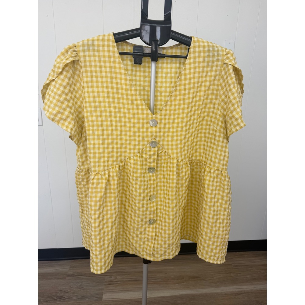Weekend Suzanne Betro Blouse Women 2X Yellow Excellent Gingham Babydoll Top
